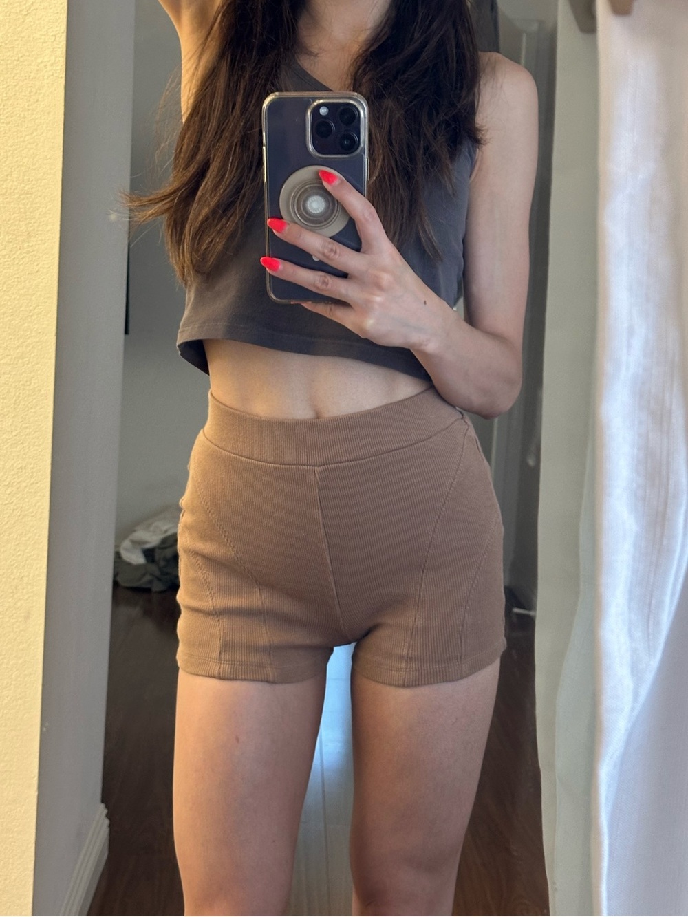 Princess Polly Ribbed cotton Bike Shorts — Brown/Beige